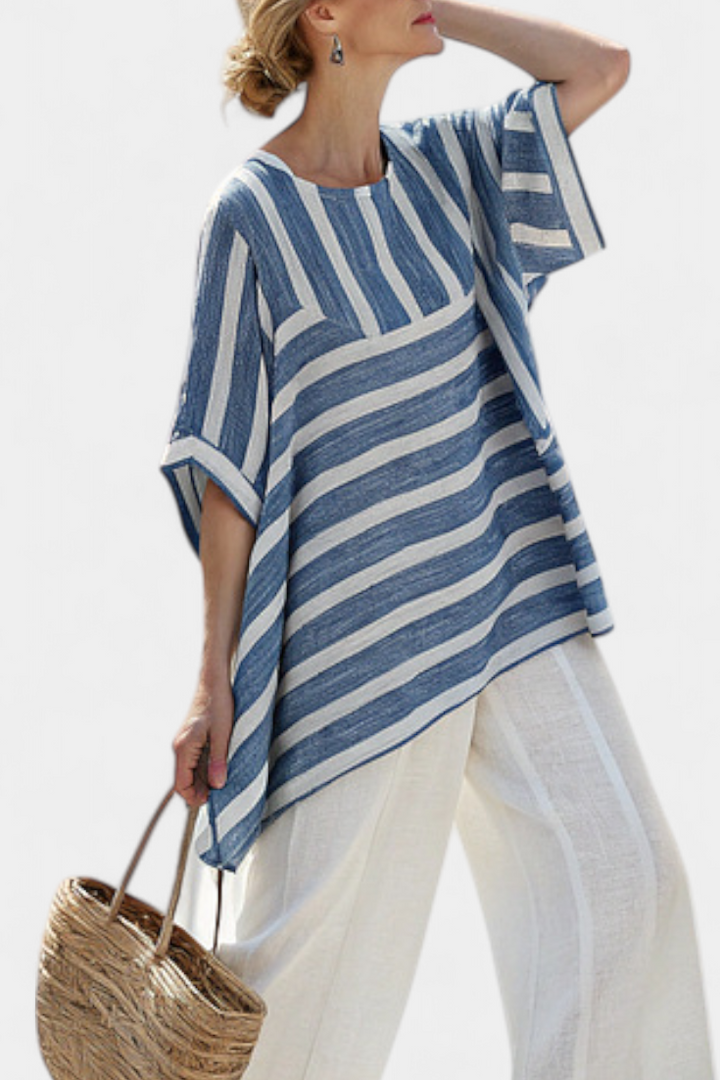 Ornella – sophisticated blue striped top and pants with details at the hem