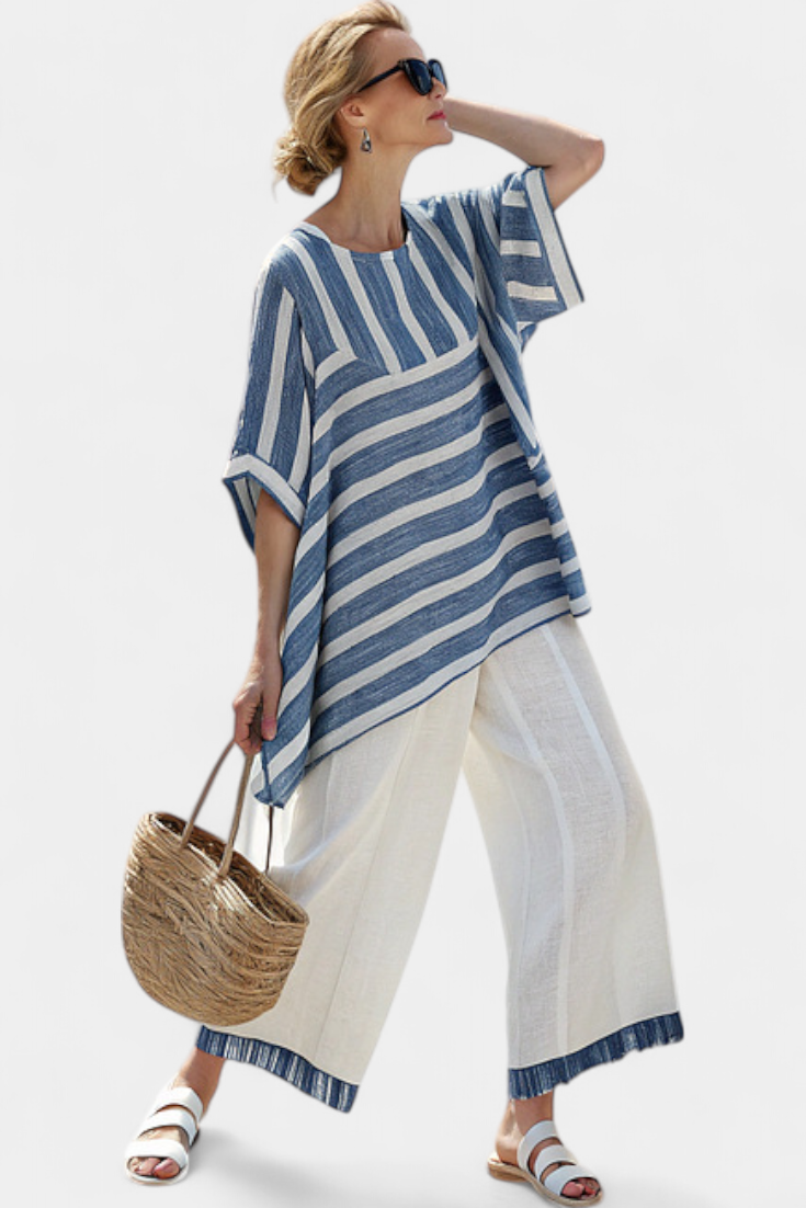 Ornella – sophisticated blue striped top and pants with details at the hem