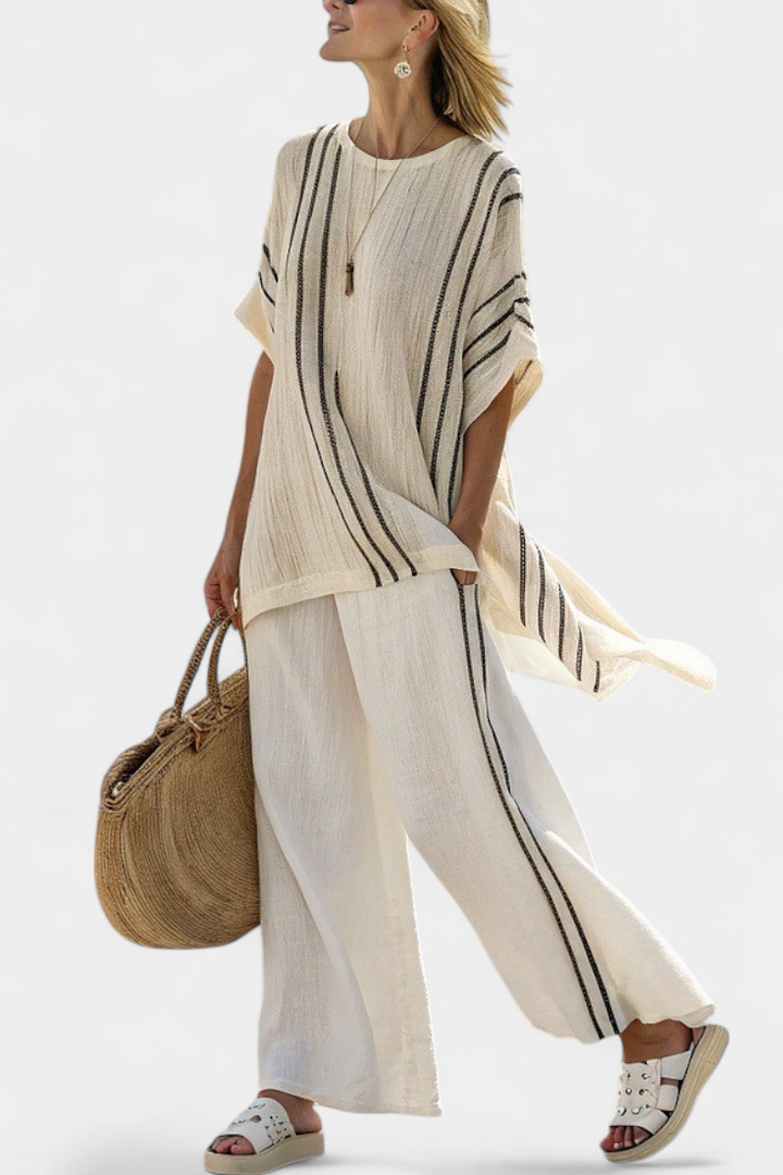 Raffaella – elegant ivory linen blouse and black striped pants