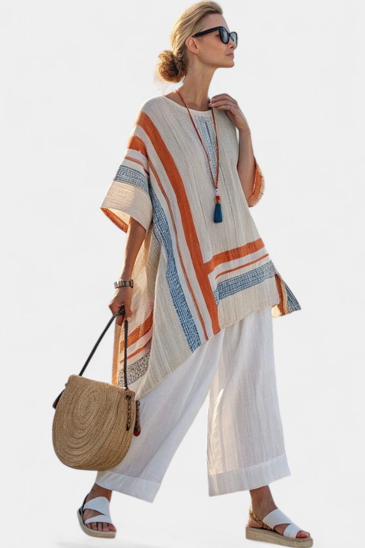 Loredana – Sophisticated Asymmetrical Blouse and Wide-Leg Linen Pants