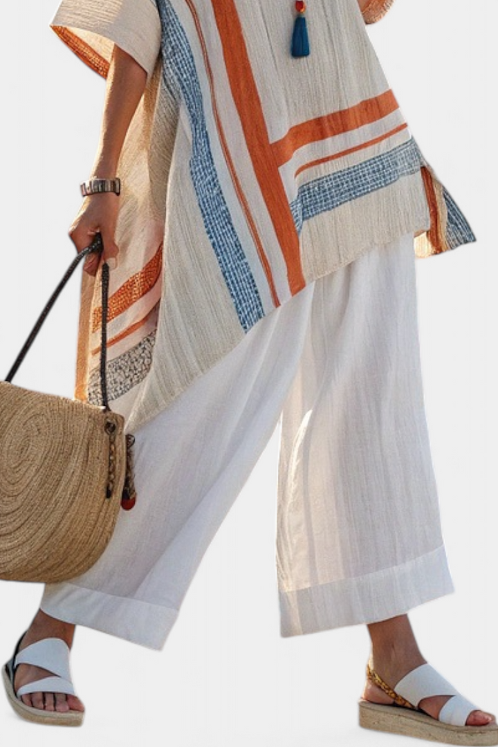 Loredana – Sophisticated Asymmetrical Blouse and Wide-Leg Linen Pants