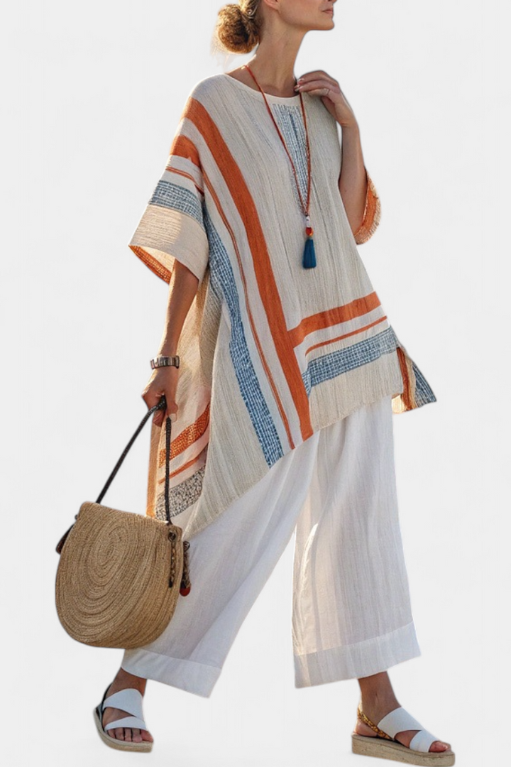 Loredana – Sophisticated Asymmetrical Blouse and Wide-Leg Linen Pants