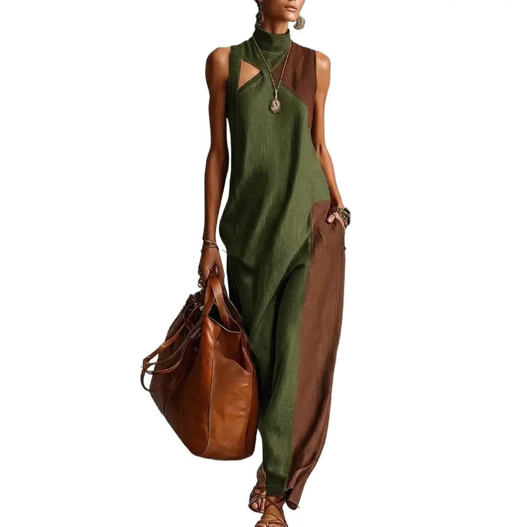 Retro Color Blocked Women's Robe Summer Fashion Semi High Neck Design Sleeveless Dresses With Pockets Lady Loose Street Vestidos