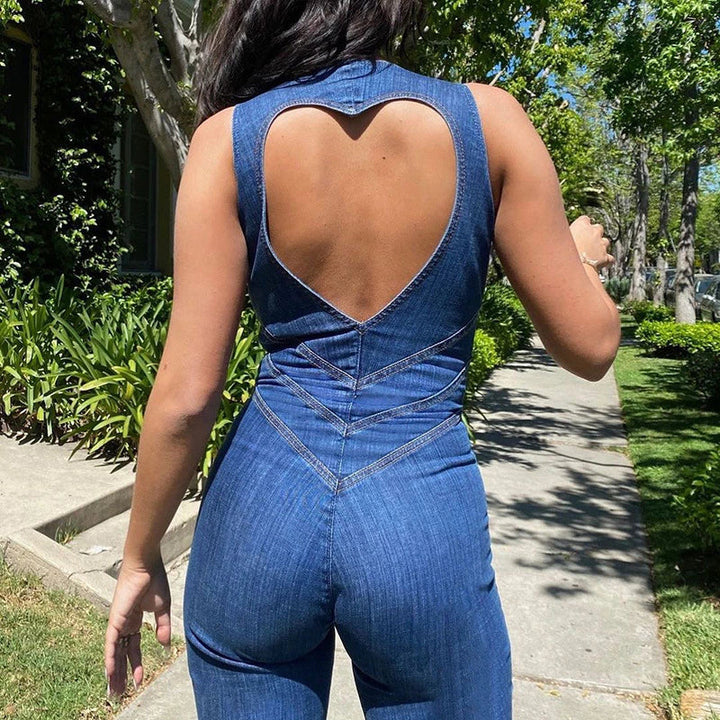 Valentine | Heart-Shaped Backless Denim Jumpsuit