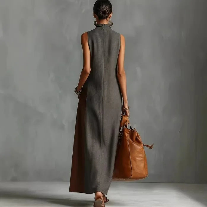 Retro Color Blocked Women's Robe Summer Fashion Semi High Neck Design Sleeveless Dresses With Pockets Lady Loose Street Vestidos