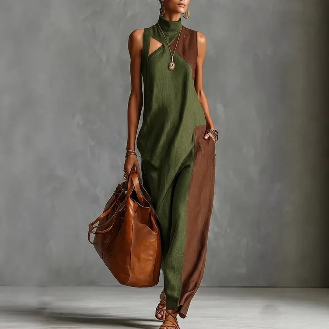 Retro Color Blocked Women's Robe Summer Fashion Semi High Neck Design Sleeveless Dresses With Pockets Lady Loose Street Vestidos