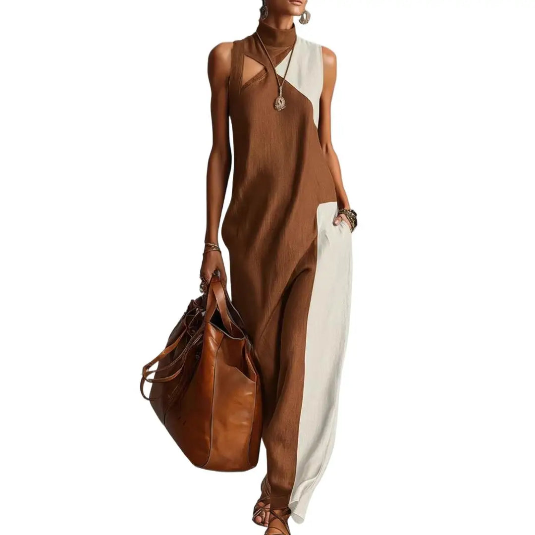 Retro Color Blocked Women's Robe Summer Fashion Semi High Neck Design Sleeveless Dresses With Pockets Lady Loose Street Vestidos