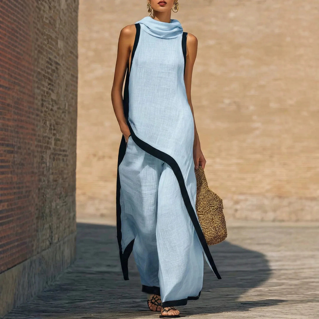 2026 European American Linen Cotton 2 Piece Set Solid Sleeveless Shirt High Waist Long Pants Elegant Casual Outfit