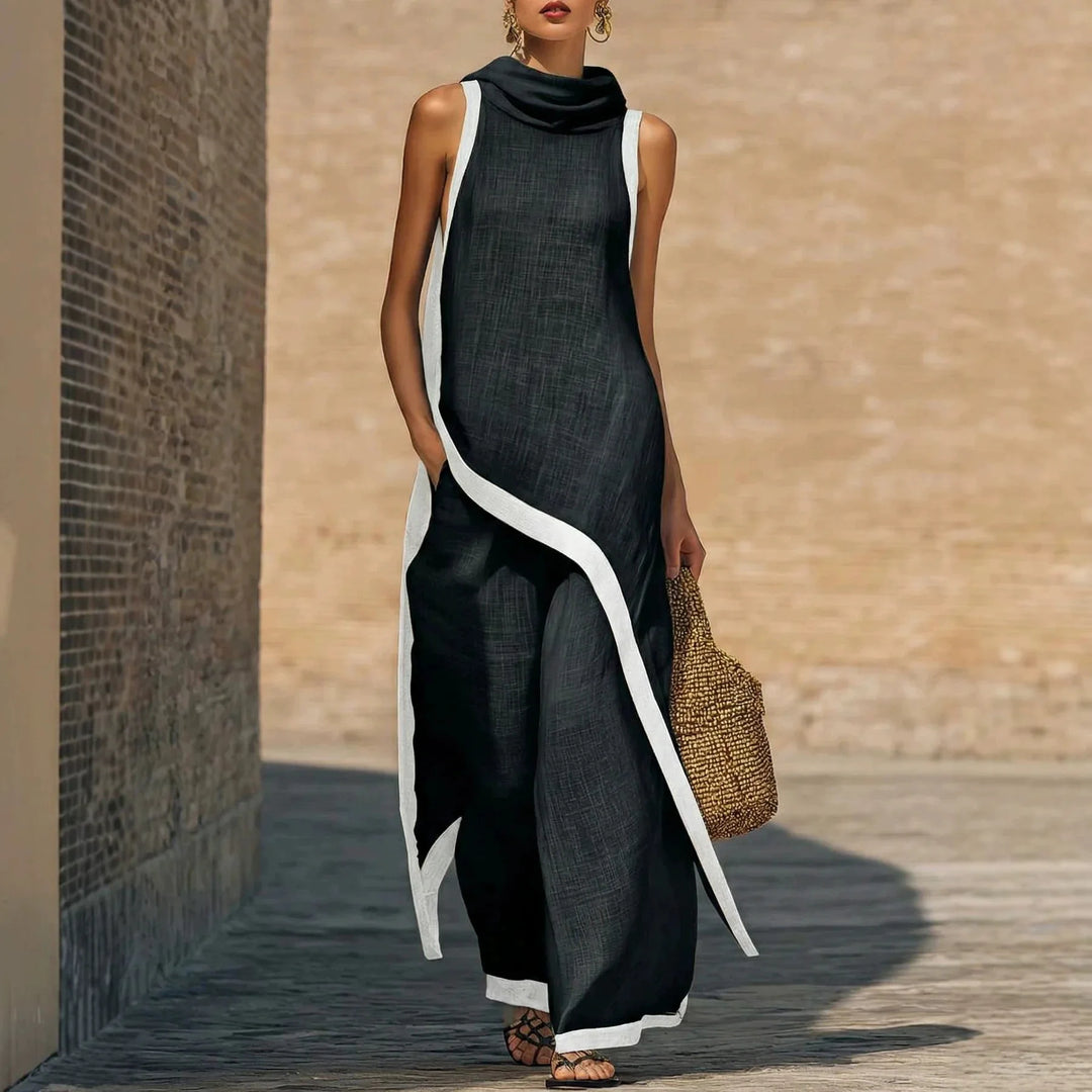 2026 European American Linen Cotton 2 Piece Set Solid Sleeveless Shirt High Waist Long Pants Elegant Casual Outfit