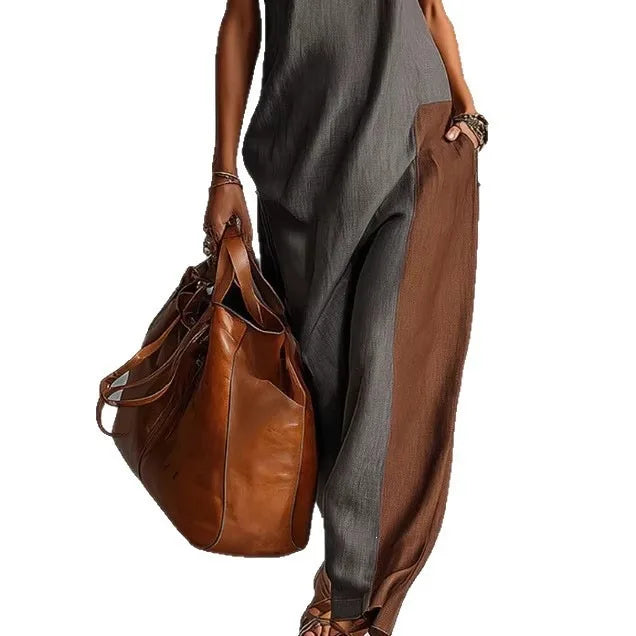 Fashionable Color Block Long Casual Dress Women's Summer New Style Polyester Fabric High Waist A-Line Skirt Neckline