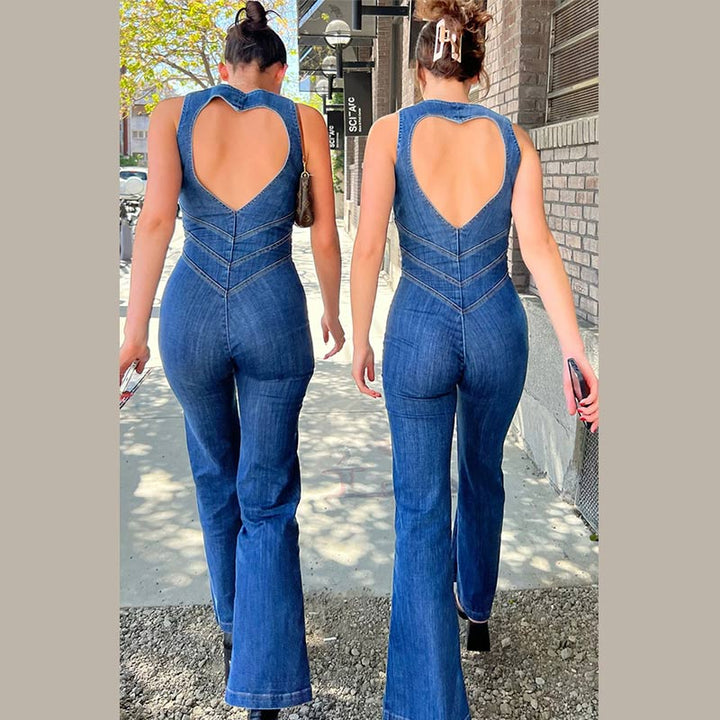 Valentine | Heart-Shaped Backless Denim Jumpsuit