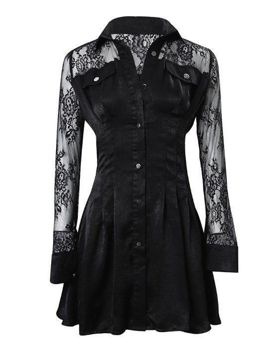 Madisona | Long Sleeve Shirt Dress with Contrasting Lace for Women