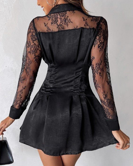 Madisona | Long Sleeve Shirt Dress with Contrasting Lace for Women