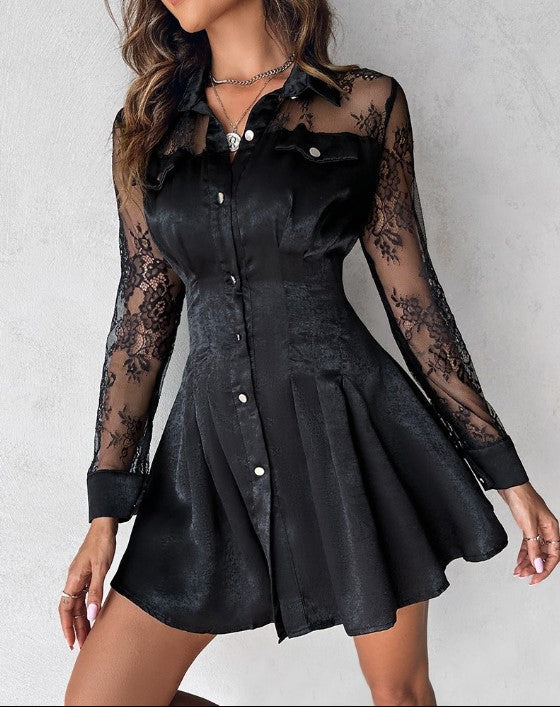 Madisona | Long Sleeve Shirt Dress with Contrasting Lace for Women