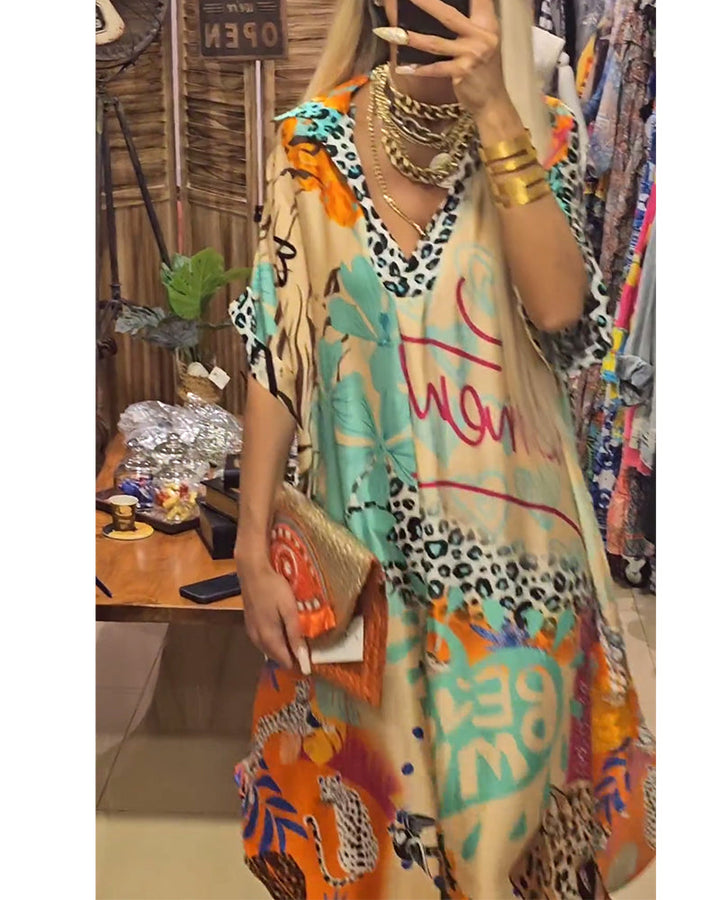 Casual Leopard and Colorful Print Deep V Dress