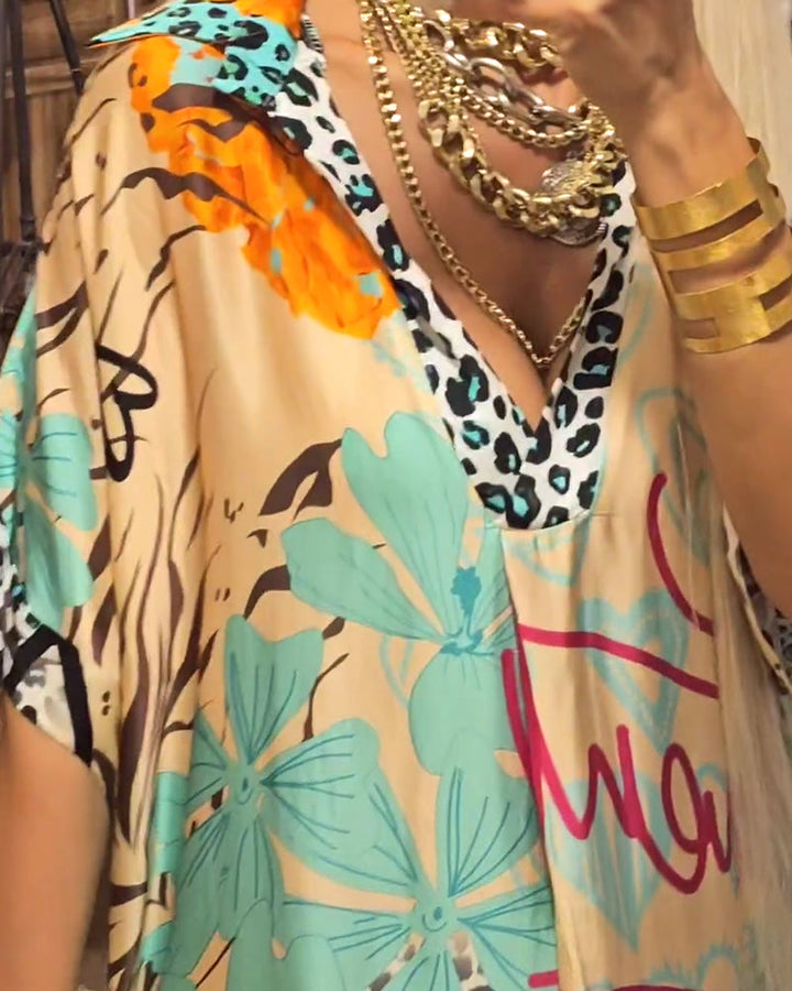Casual Leopard and Colorful Print Deep V Dress