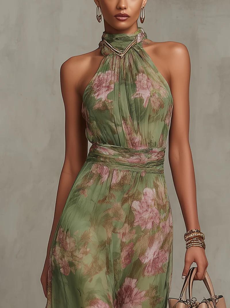 Florine™ | Green Maxi Dress with Floral Print