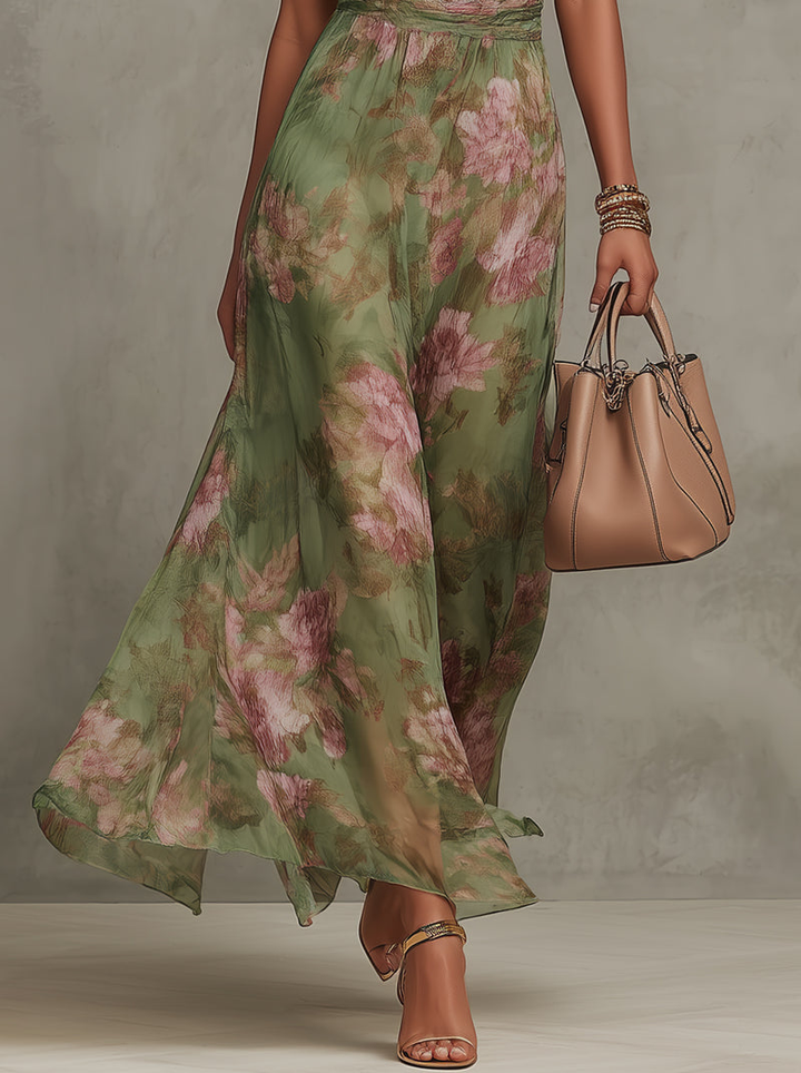 Florine™ | Green Maxi Dress with Floral Print