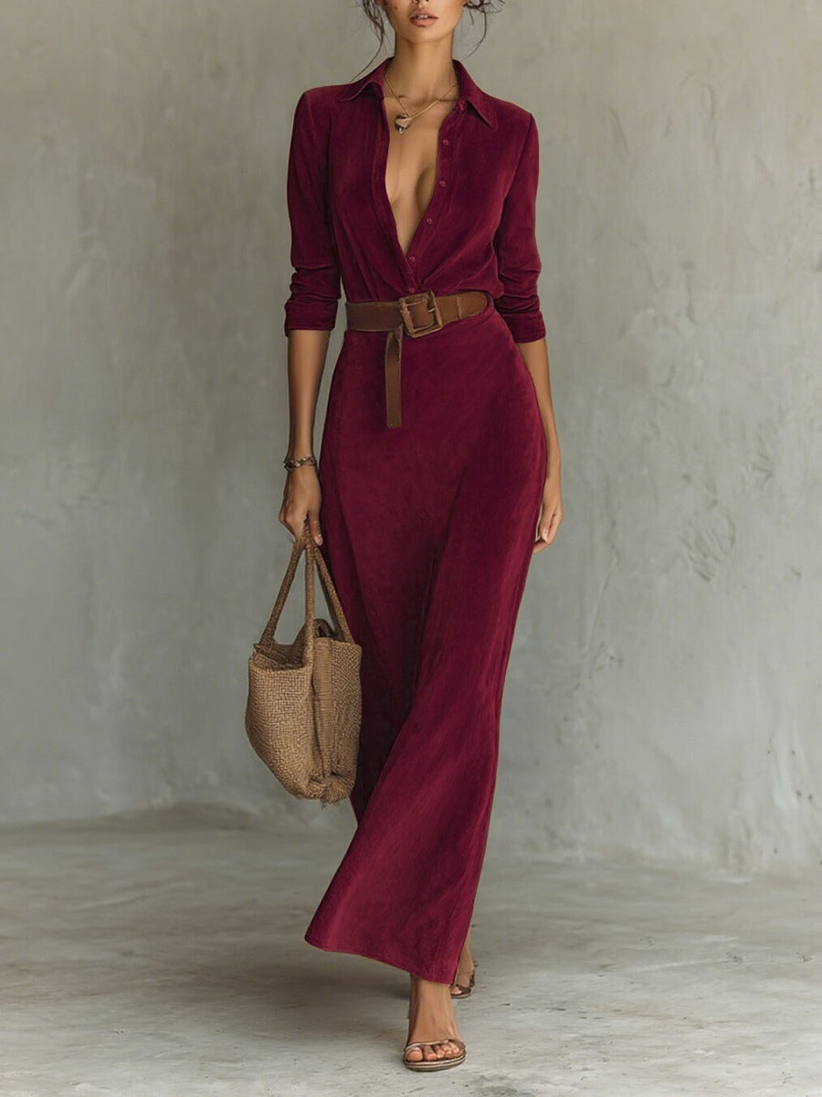 Juline™ | Suede Look Maxi Dress with Lapels