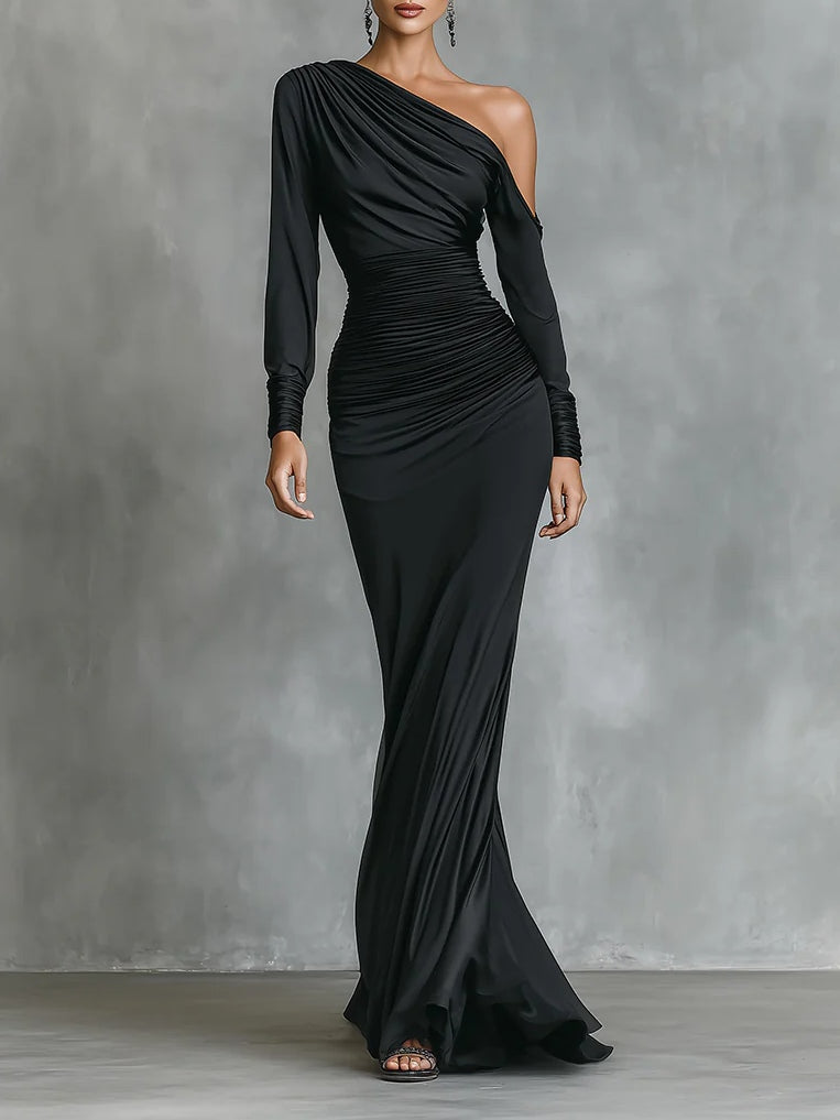 Célina™ | Satin One-Shoulder Maxi Dress in Black