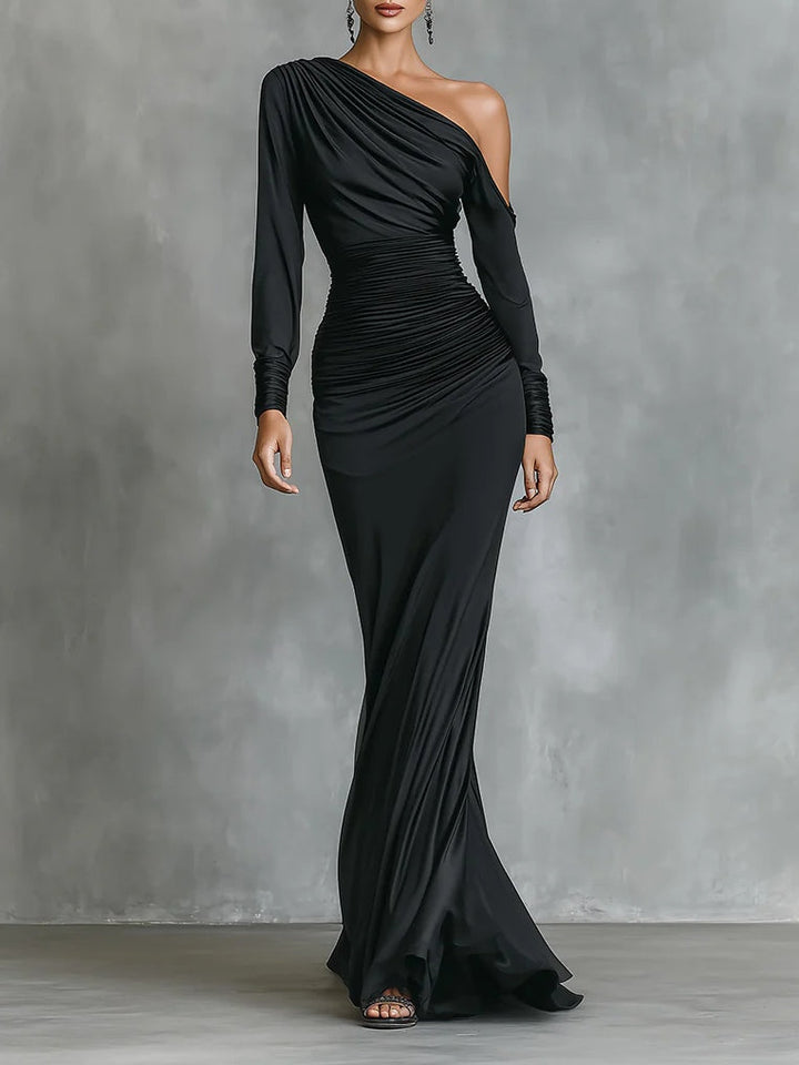 Célina™ | Satin One-Shoulder Maxi Dress in Black