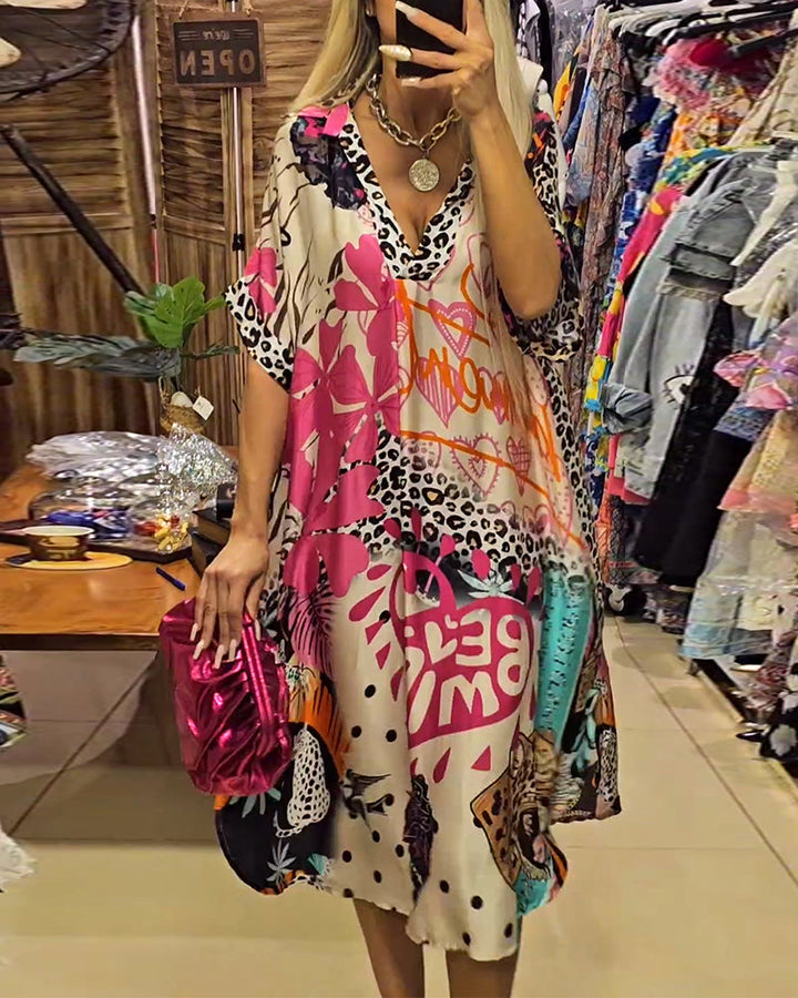 Casual Leopard and Colorful Print Deep V Dress