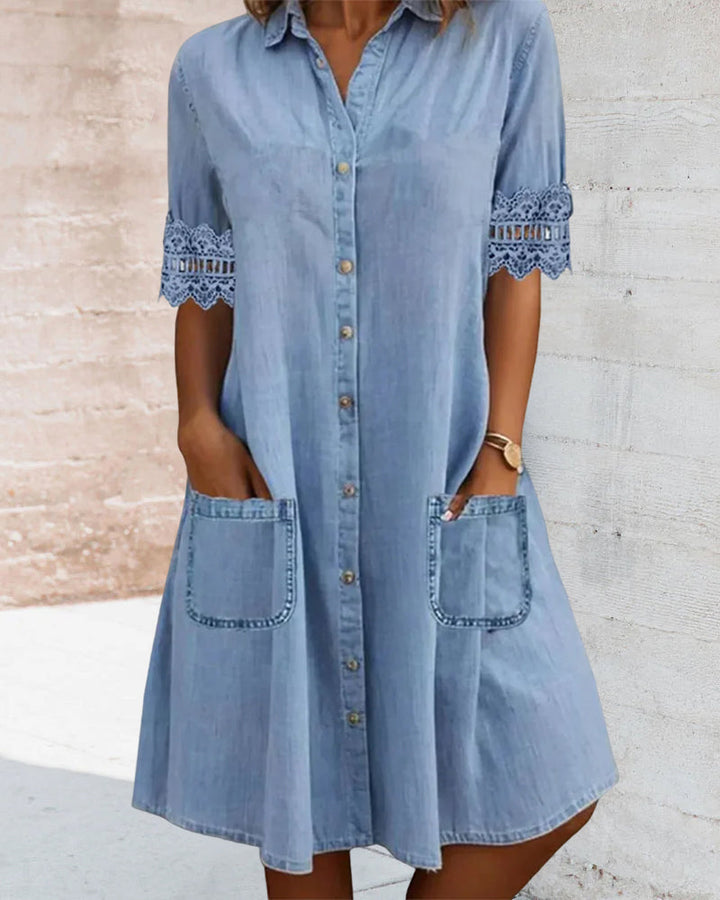Solid color lace patchwork lapel button pocket dress