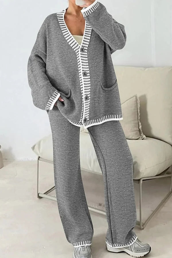 Belinda | Ladies V-Neck Cardigan Two-Piece Pants Set