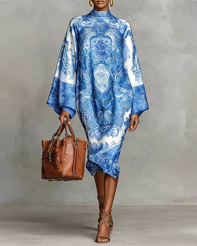 High-Neck Vintage Print Dress