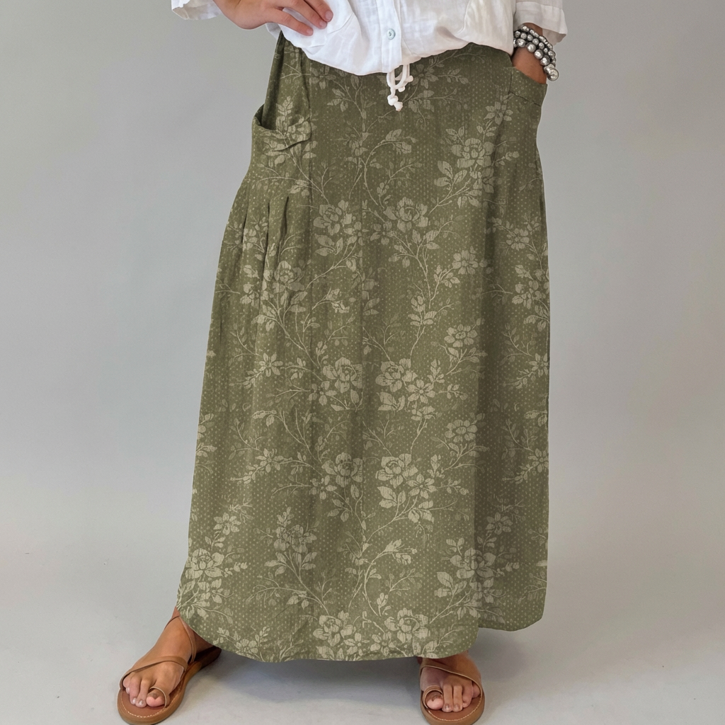 Mandy | Women's Vintage Floral Linen Elastic waistband Pocket Skirt