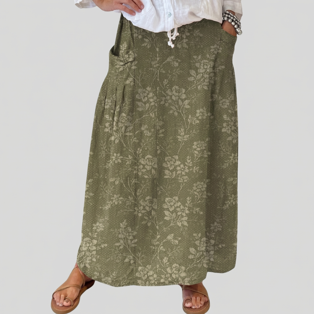 Mandy | Women's Vintage Floral Linen Elastic waistband Pocket Skirt