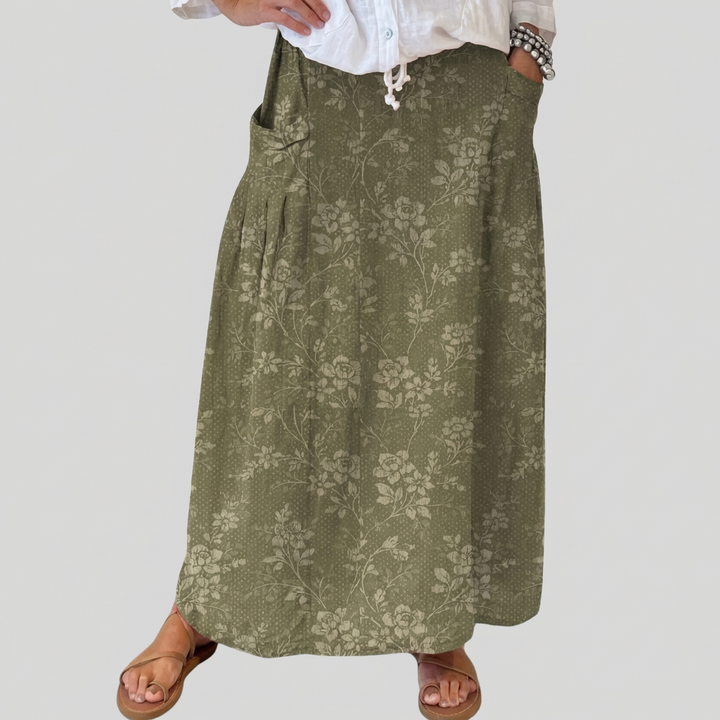 Mandy | Women's Vintage Floral Linen Elastic waistband Pocket Skirt