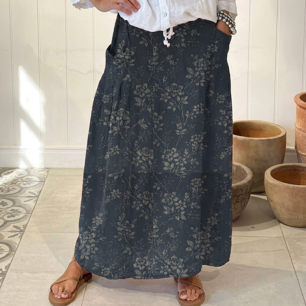 Mandy | Women's Vintage Floral Linen Elastic waistband Pocket Skirt