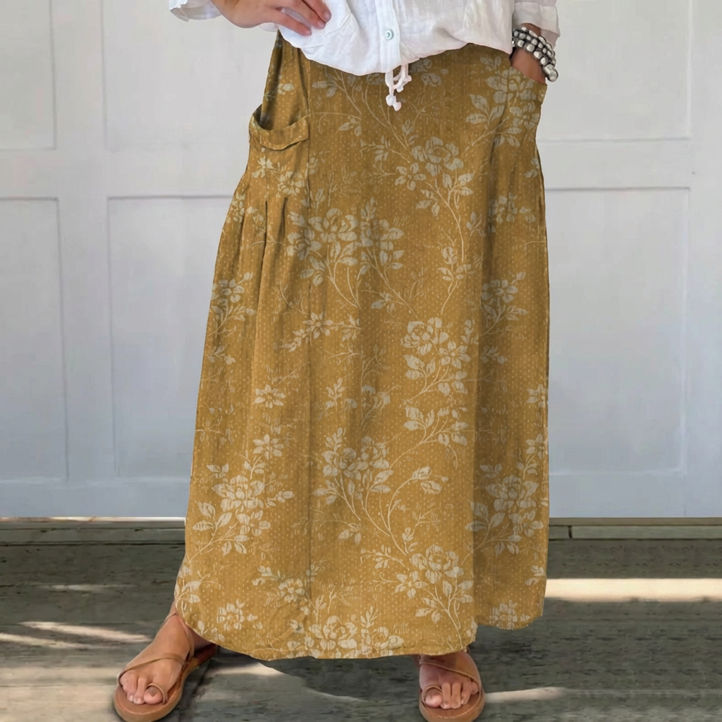 Mandy | Women's Vintage Floral Linen Elastic waistband Pocket Skirt