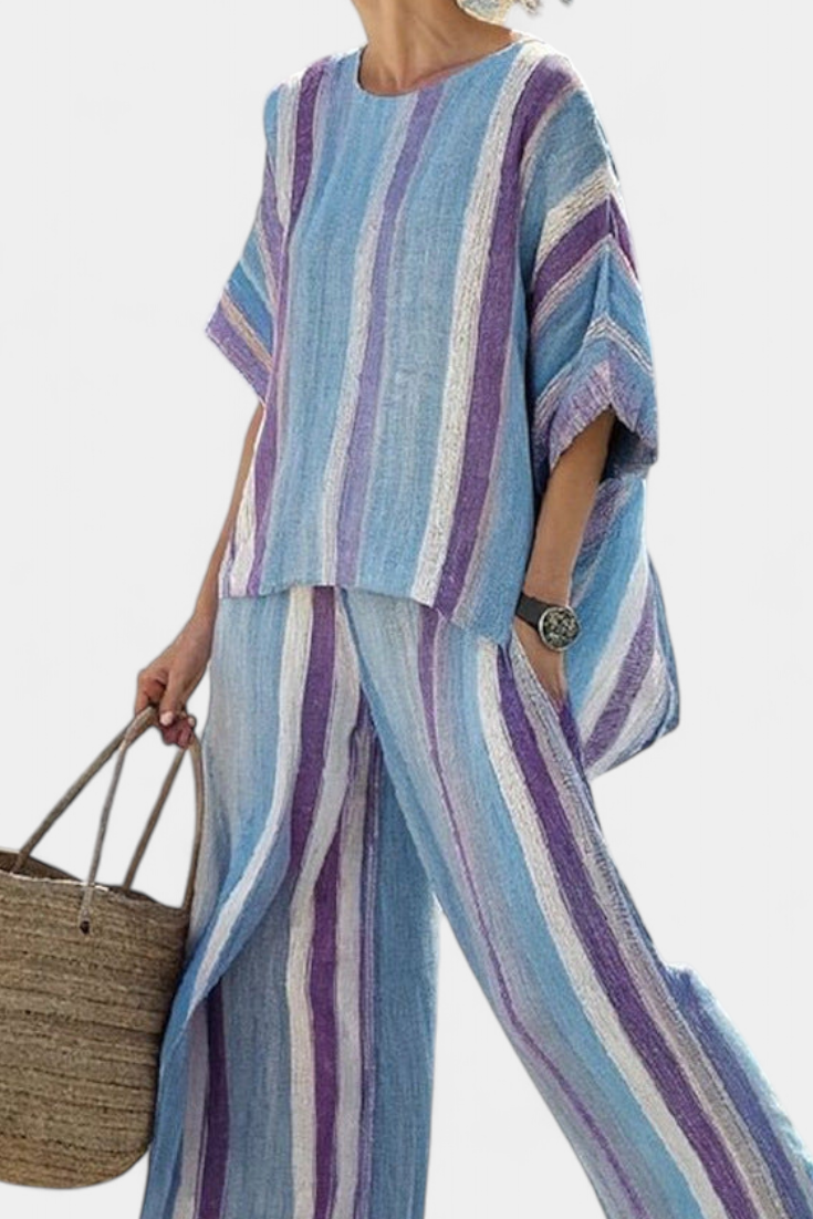 Ginevra – elegant mauve pastel top and striped linen pants