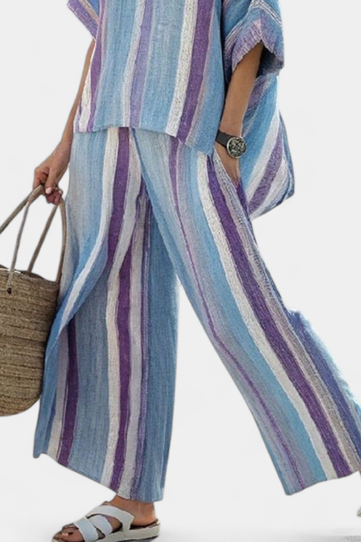 Ginevra – elegant mauve pastel top and striped linen pants