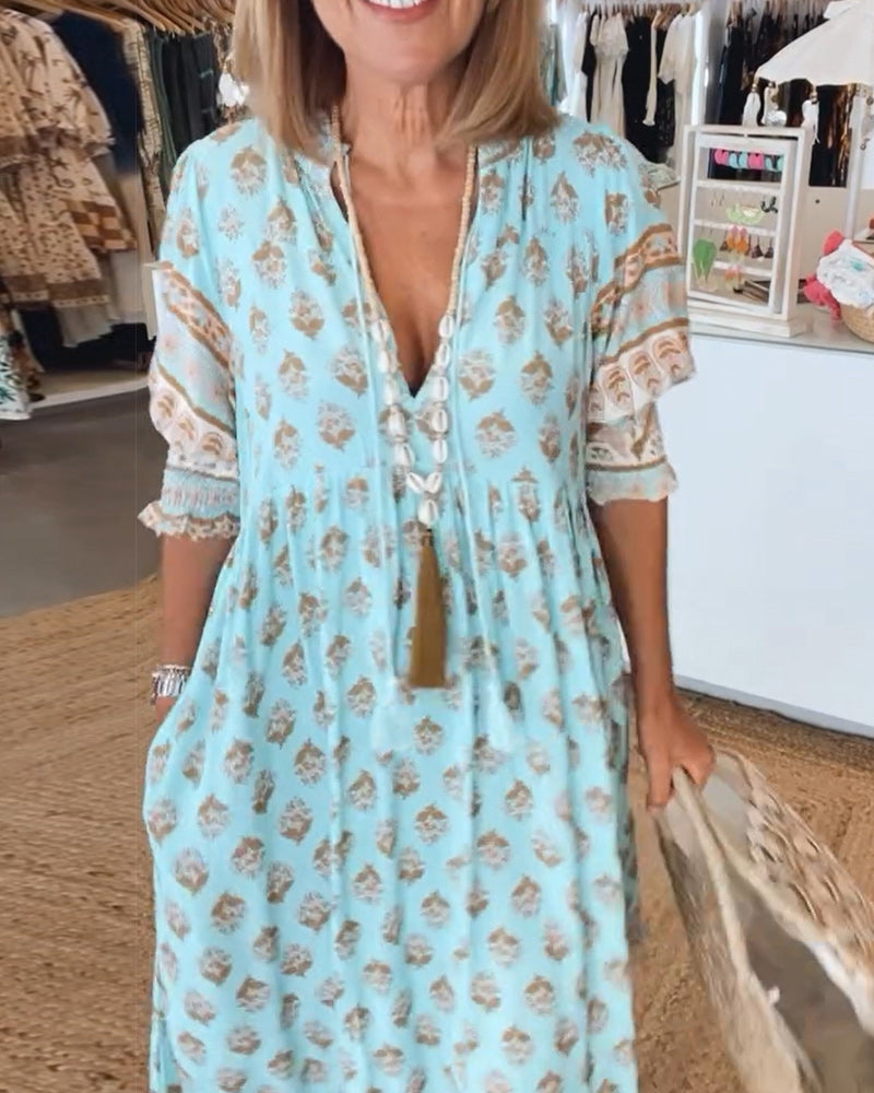 Jasmine - Relaxed Long Lantern Sleeves Boho Maxi Dress