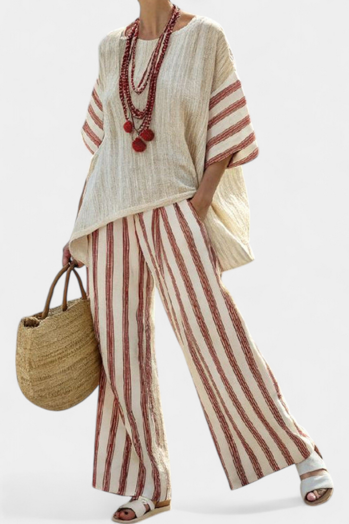 Rosalinda – Elegant Rustic Striped Top and Cream Linen Pants