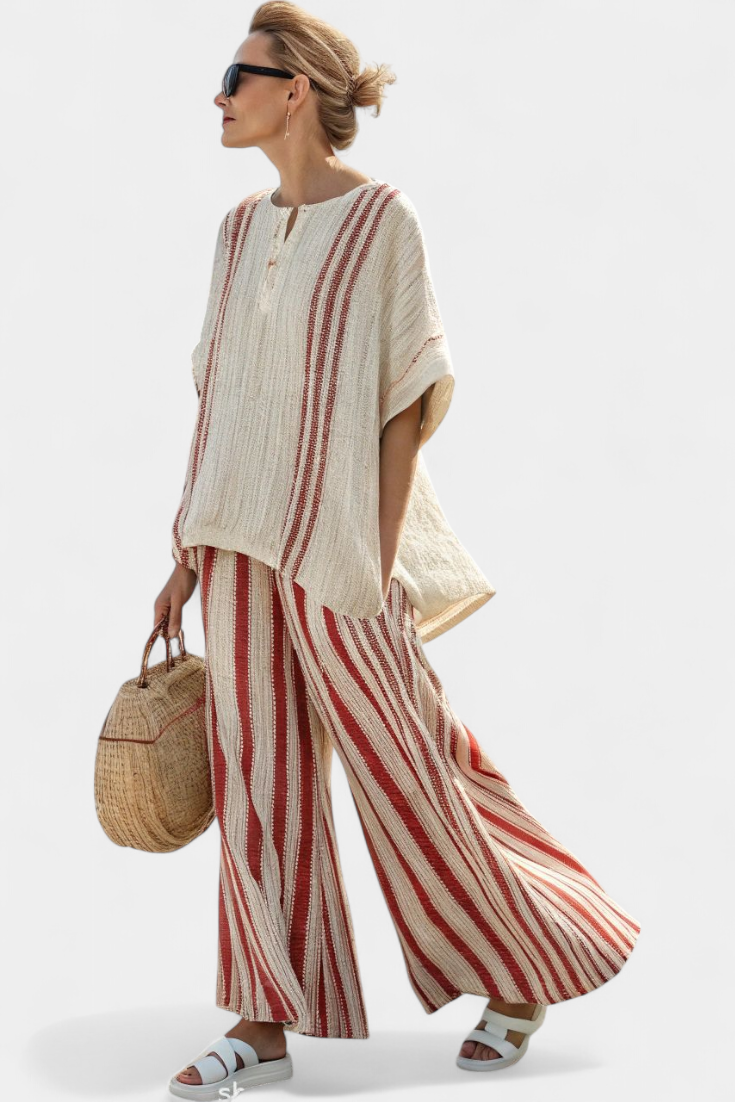 Mirella – structured red striped top and linen pants
