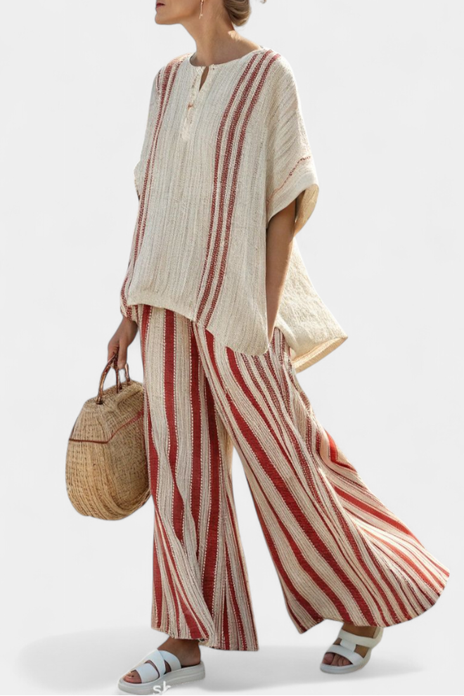 Mirella – structured red striped top and linen pants
